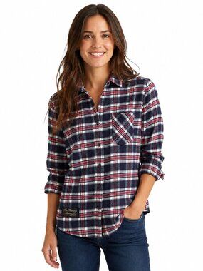 Vermont Flannel Co Navy Red White Plaid Shirt Small Made in USA Cotton